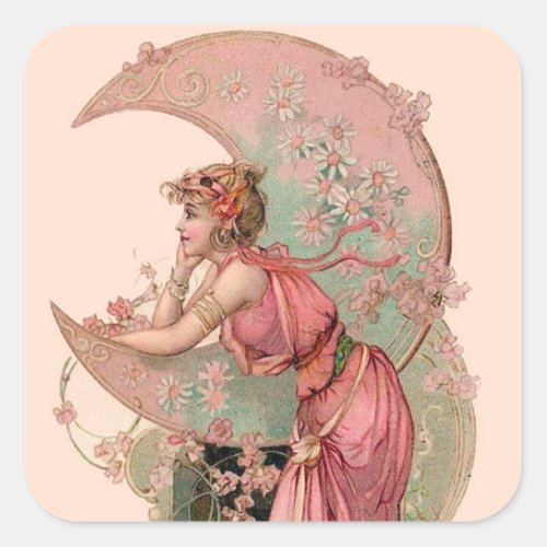 TAROTS LADY OF THE MOON WITH FLOWERS IN PINK SQUARE STICKER