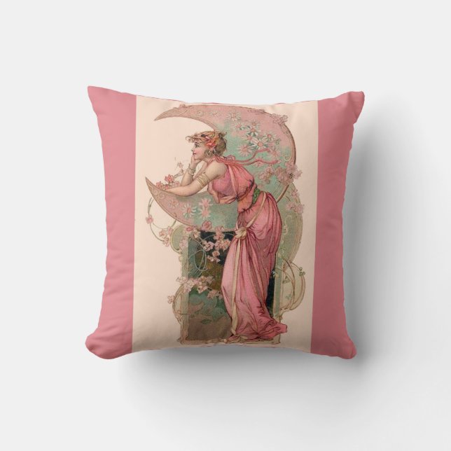 TAROTS / LADY OF THE MOON WITH FLOWERS IN PINK THROW PILLOW (Front)