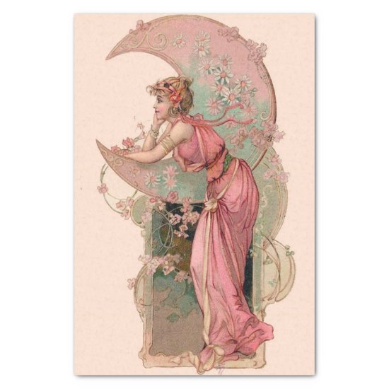 TAROTS/ LADY OF THE MOON WITH FLOWERS IN PINK TISSUE PAPER
