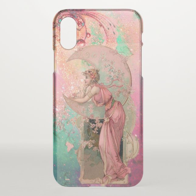 TAROTS /LADY OF THE MOON WITH FLOWERS, PINK FLORAL UNCOMMON iPhone CASE (Back)
