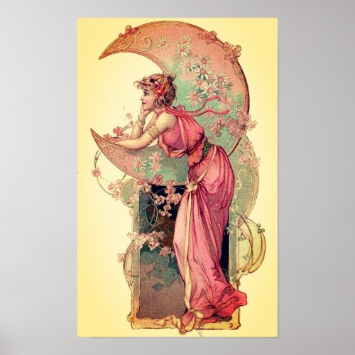 TAROTS  LADY OF THE MOON WITH FLOWERS Pink Yellow Poster