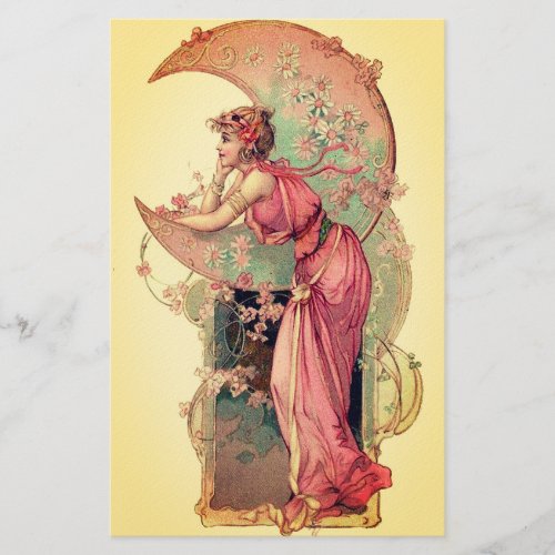 TAROTS LADY OF THE MOON WITH FLOWERS Pink Yellow Stationery