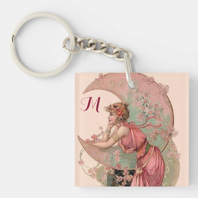 TAROTS/ MOON LADY,FLOWERS IN PINK, MONOGRAM KEYCHAIN (Front)