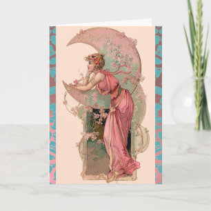 TAROTS /MOON LADY,FLOWERS,PINK ROSES,BLUE DAMASK CARD