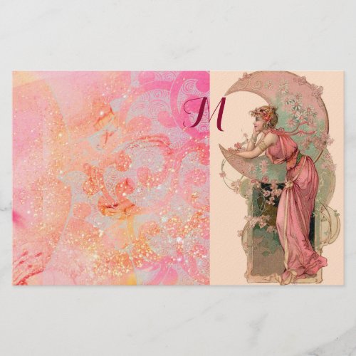 TAROTS MOON LADYPINK FLORAL SWIRLS MONOGRAM STATIONERY