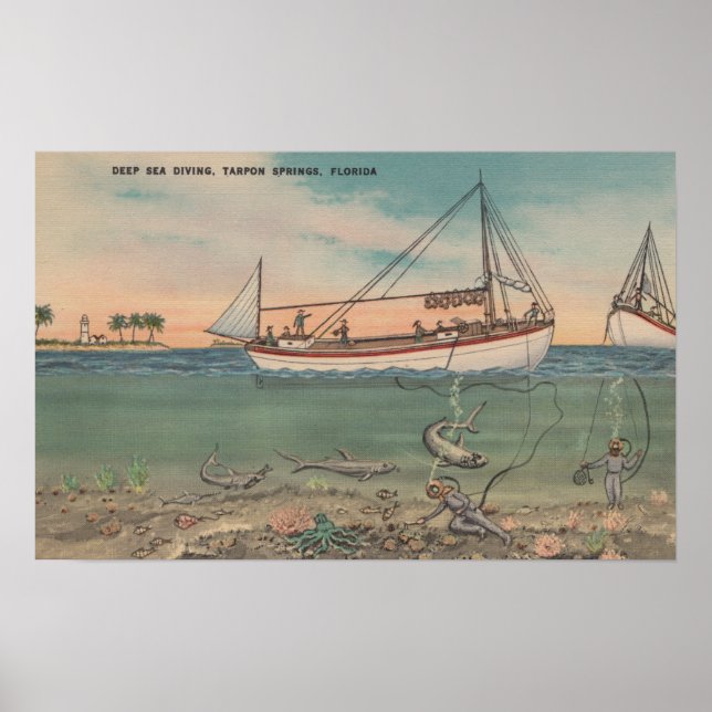 Tarpon Springs, FL - View of Boat & Deep Sea Poster (Front)