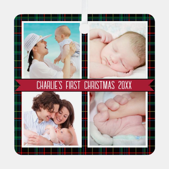 Tartan 4 Photo Collage Baby's First Christmas  Metal Ornament (Front)