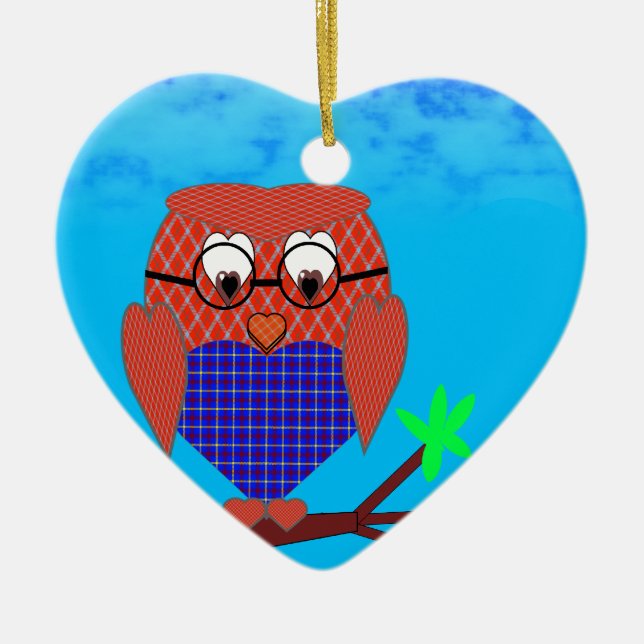 Tartan and Hearts Owl Ceramic Ornament (Front)