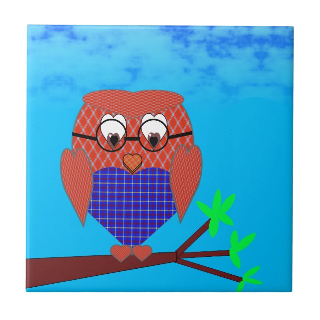 Tartan and Hearts Owl Ceramic Tile (Front)