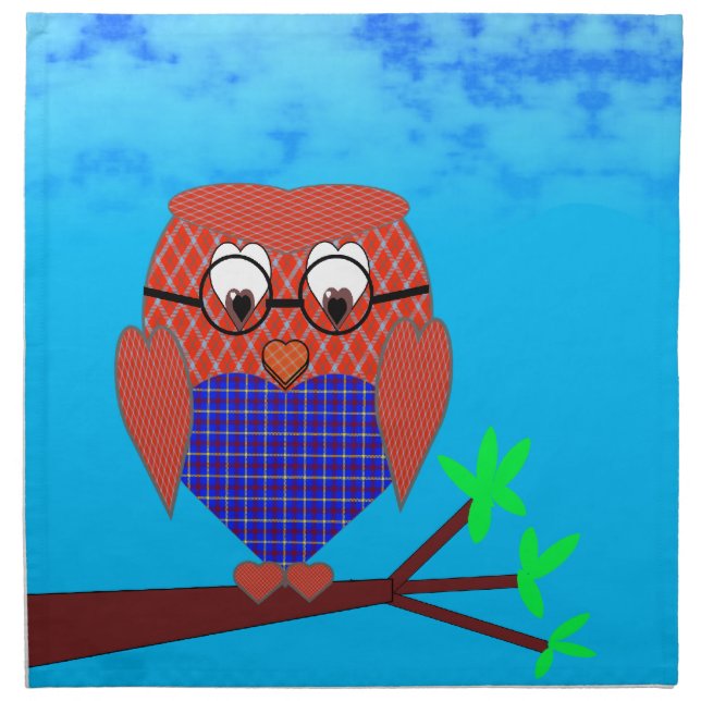 Tartan and Hearts Owl Cloth Napkin (Front)