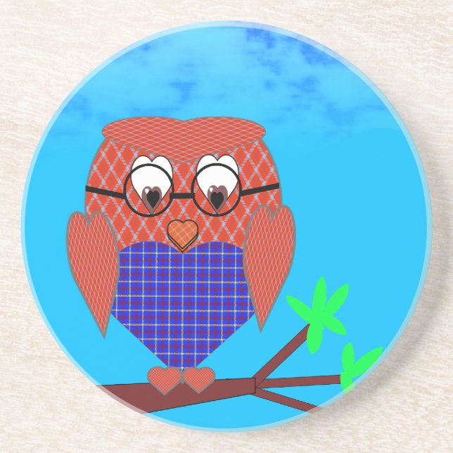 Tartan and Hearts Owl Drink Coaster (Front)