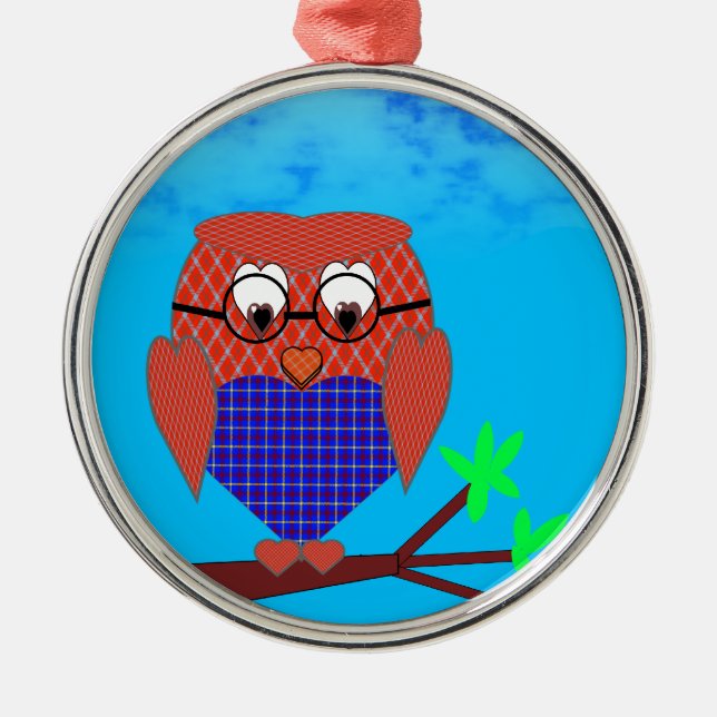 Tartan and Hearts Owl Metal Ornament (Front)