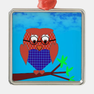Tartan and Hearts Owl Metal Ornament