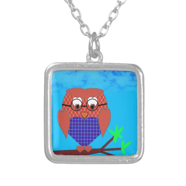 Tartan and Hearts Owl Silver Plated Necklace (Front)
