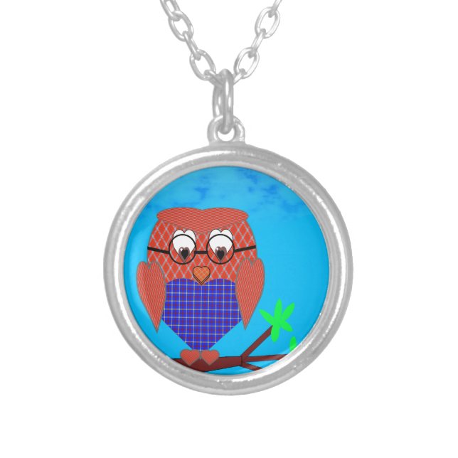 Tartan and Hearts Owl Silver Plated Necklace (Front)