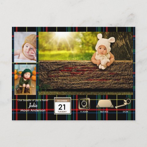 Tartan BABY STATS Photo Collage Announcement Postcard