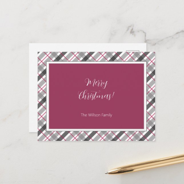 Tartan Balmoral Black Gray Burgundy Monogrammed Holiday Postcard (Front/Back In Situ)