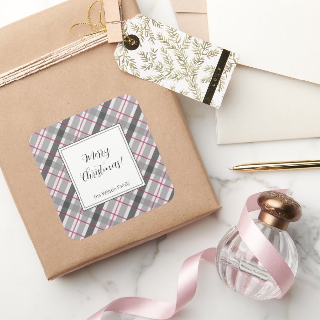 Tartan Balmoral Black Gray Burgundy Monogrammed Square Sticker (Gifting)