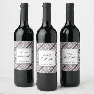 Tartan Balmoral Black Gray Burgundy Monogrammed Wine Label