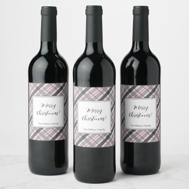 Tartan Balmoral Black Gray Burgundy Monogrammed Wine Label (Bottles)