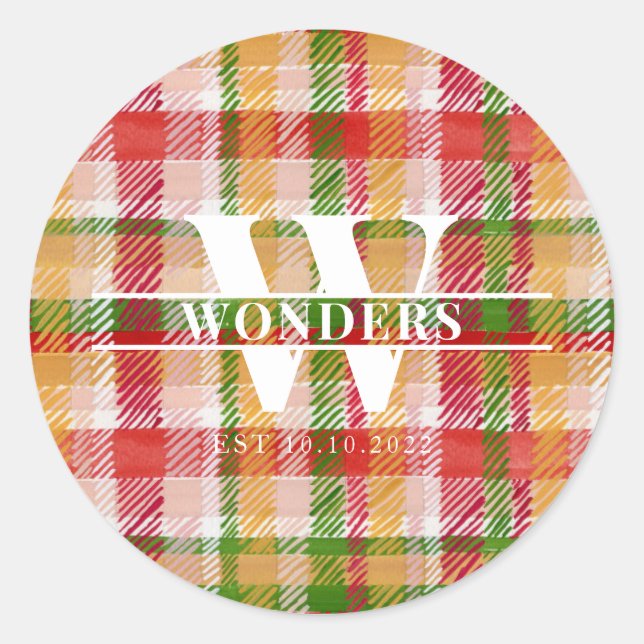 Tartan Basics Plaid Texture Monogram Classic Round Sticker (Front)