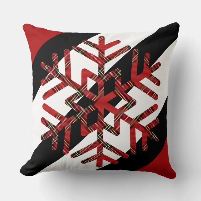 Tartan Big Snowflake In Red White and Black Throw Pillow (Front)