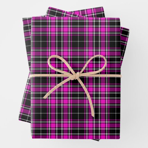 Tartan _ Black_Hot Pink_White Wrapping Paper Sheets