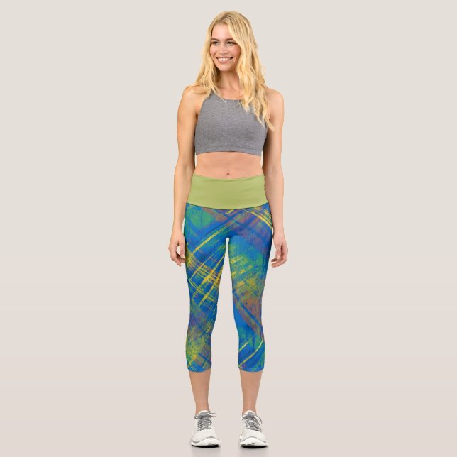 Tartan Blue Green Yellow Plaid Olive Waistband  Capri Leggings (Front)