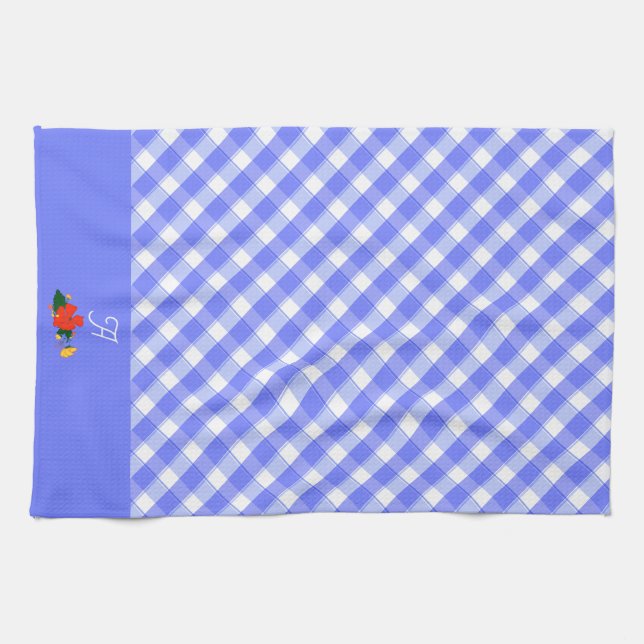 Tartan blue simple wildflower pattern  kitchen towel (Horizontal)