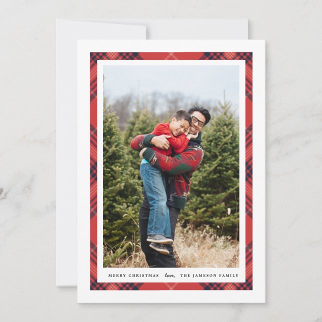 Tartan Border Holiday Portrait Photo Card (Front)