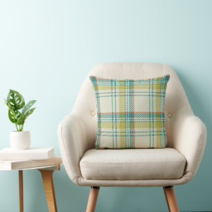 Tartan Boucle Plaid Beige Teal Green Brown  Throw Pillow