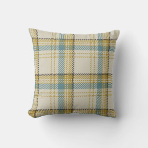 Tartan Boucle Plaid Blue Beige Mustard Brown   Throw Pillow