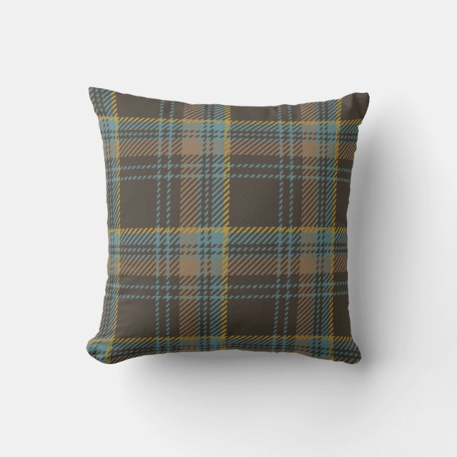Tartan Boucle Plaid Blue Brown Mustard   Throw Pillow (Front)