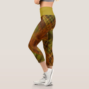 Tartan Brown Green Check Mustard Waistband Capri Leggings