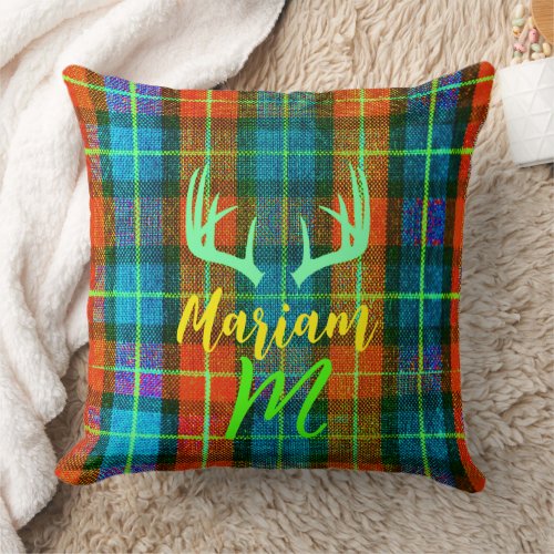 Tartan Buffalo Plaid (Antlers) Custom Family Name Throw Pillow