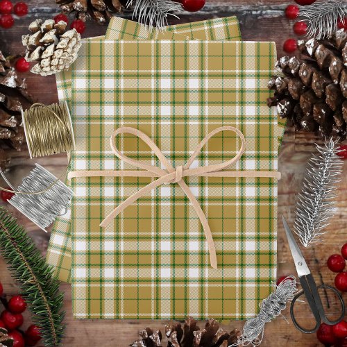 Tartan _ Caramel Gold_White_Green Wrapping Paper Sheets