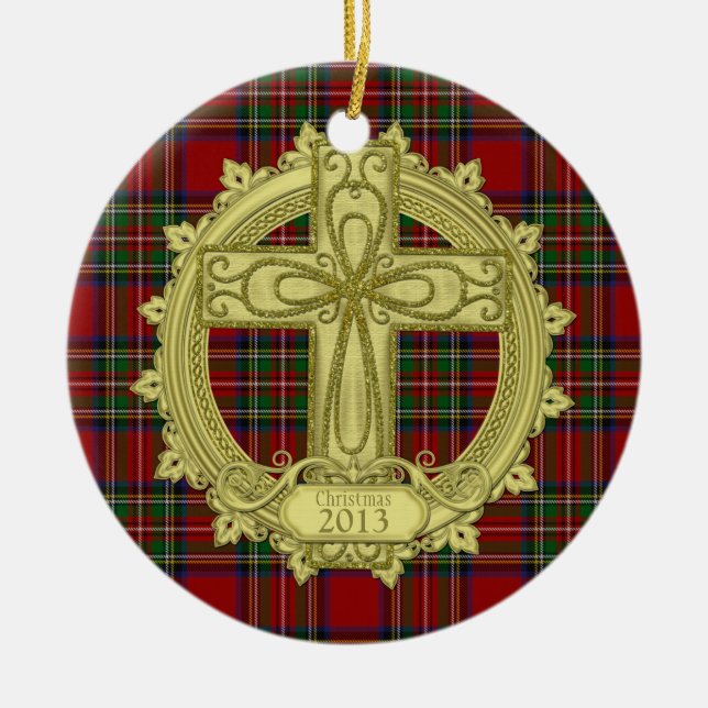 Tartan Celtic Cross Christmas Xmas Photo Template Ceramic Ornament (Front)