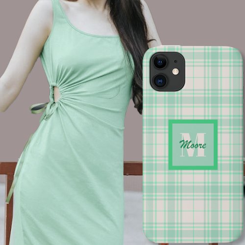 Tartan _ cement off white with various Green Hues  iPhone 11 Case