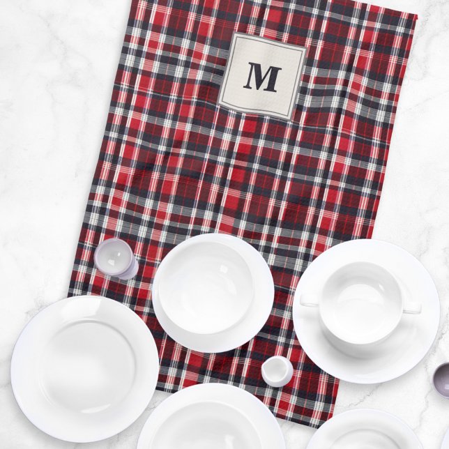 Tartan Check Elegant Patterned Stylish Monogrammed Kitchen Towel (A monogrammed kitchen tea towel with festive red plaid design)