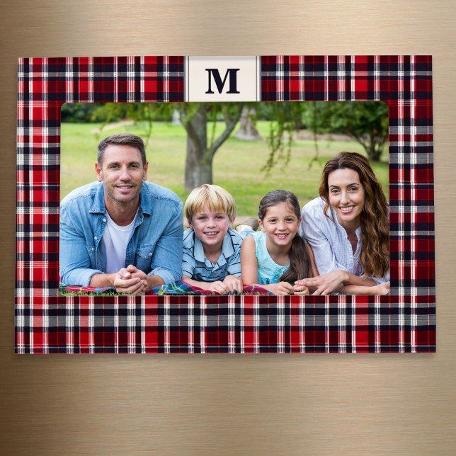 Tartan Check Pattern Red Plaid Monogram Christmas Magnetic Frame (A stylish photo frame with monogram initial at the top and red, gray and white plaid tartan pattern)