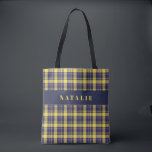 tartan check personalized winter tote bag<br><div class="desc">tartan check personalized winter tote bag. Fun festive Christmas holiday design. Yellow,  purple,  navy and gold. Colors can be customised.</div>