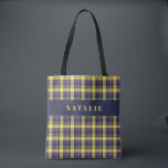 tartan check personalized winter tote bag<br><div class="desc">tartan check personalized winter tote bag. Fun festive Christmas holiday design. Yellow,  purple,  navy and gold. Colors can be customised.</div>
