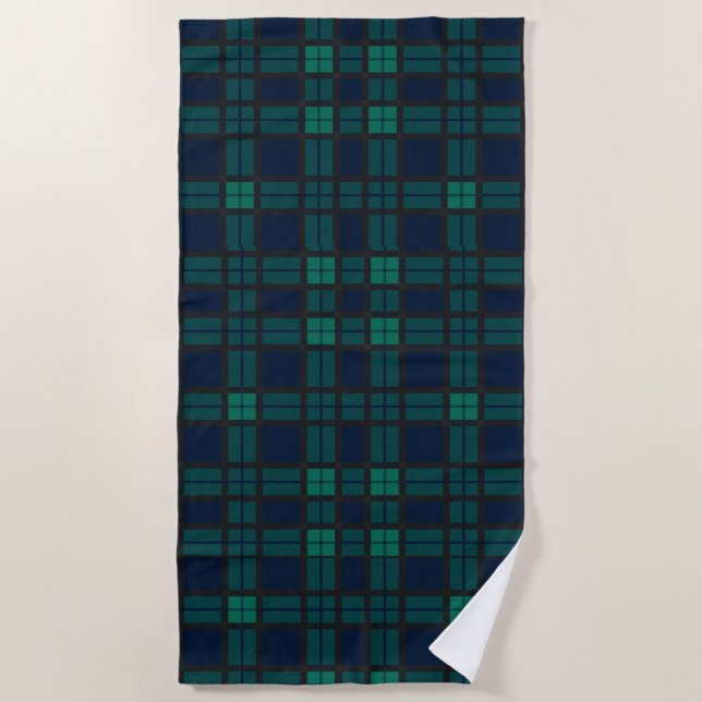 Tartan Clan Black Watch Plaid Blue Green Check Beach Towel (Front)