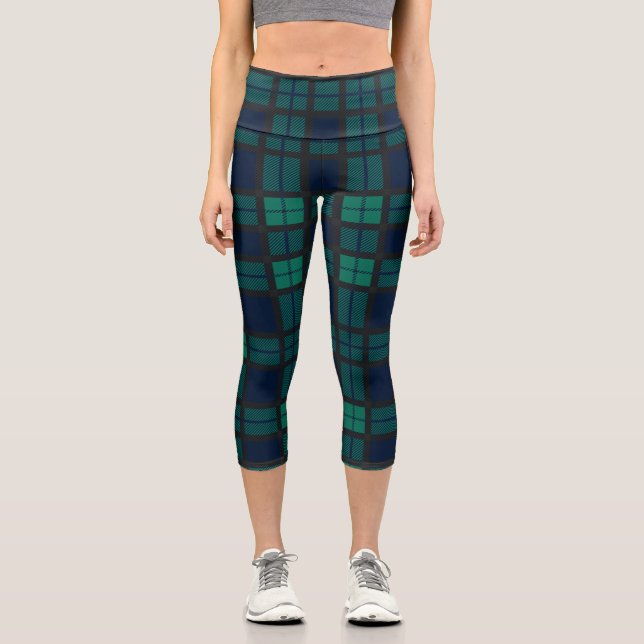 Tartan Clan Black Watch Plaid Blue Green Checkered Capri Leggings (Front)