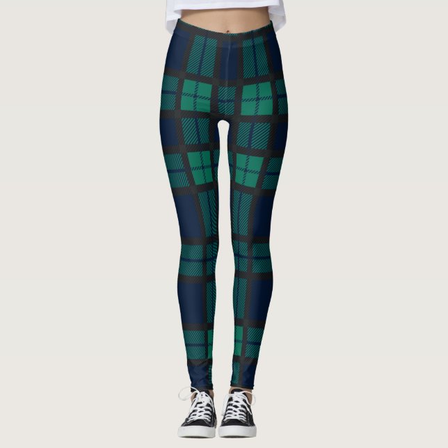 Tartan Clan Black Watch Plaid Blue Green Checkered Leggings (Front)