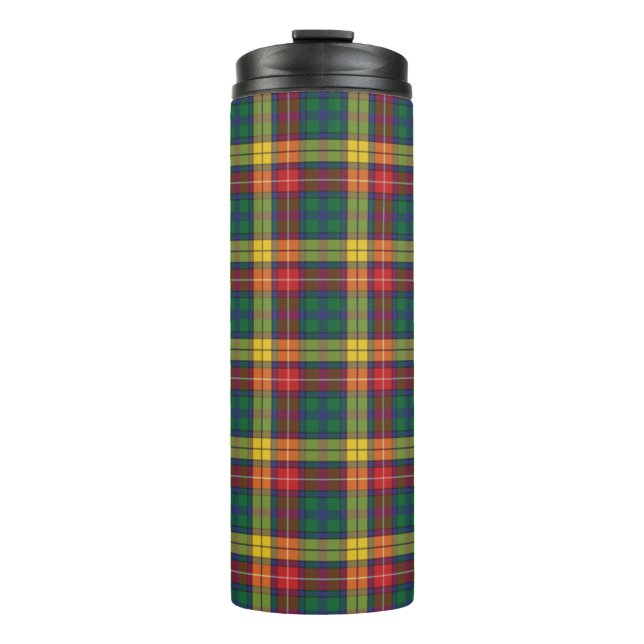 Tartan Clan Buchanan Plaid Green Red Check Thermal Tumbler (Front)