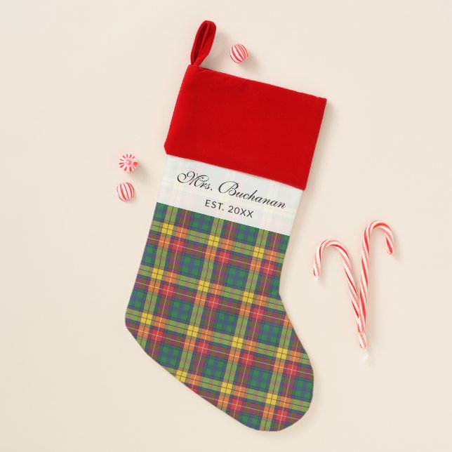 Tartan Clan Buchanan Plaid Script Rustic Holiday Christmas Stocking (Front)