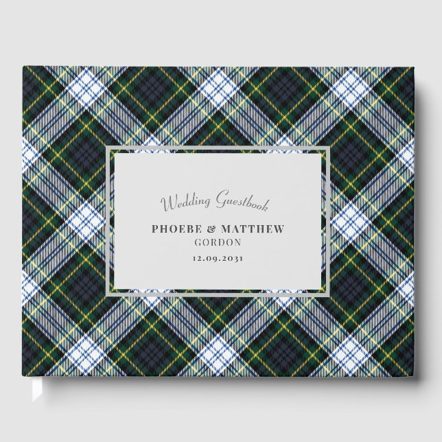 Tartan Clan Gordon Green White Checkered Wedding Guest Book (Front)
