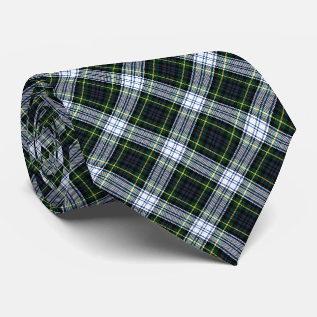 Tartan Clan Gordon Plaid Green White Pattern Neck Tie (Rolled)
