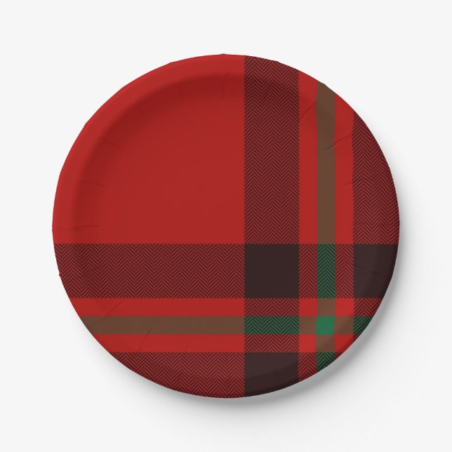 Tartan Clan Stewart Plaid Black Red Check Pattern  Paper Plates (Front)